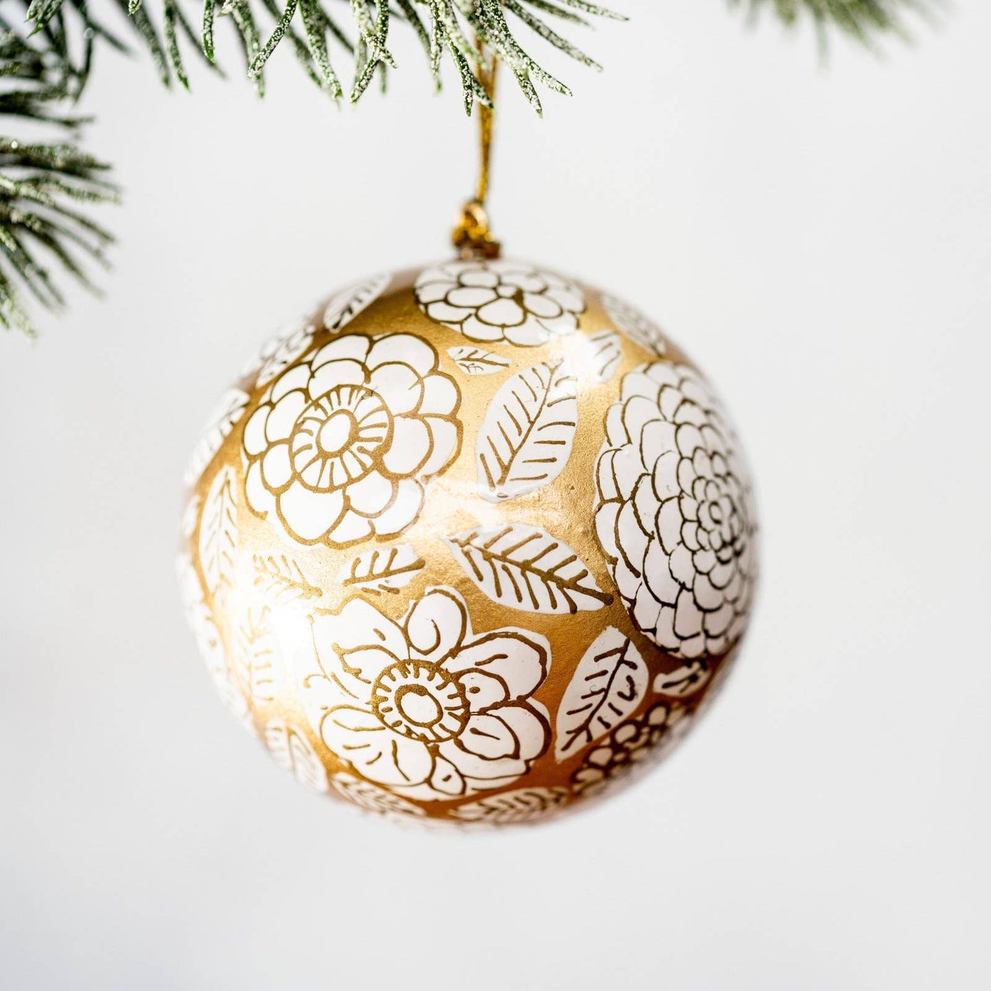 3" Gold with White Flower Hanging Christmas Tree Decoration