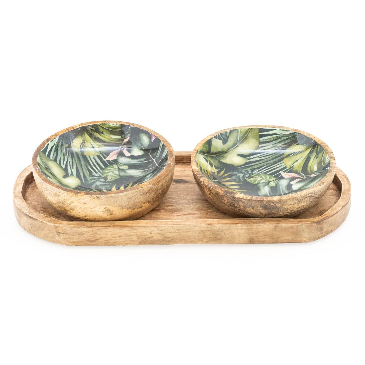S/2 SMALL MANGO WOOD DIPPING BOWLS ON TRAY BALI WHIRL