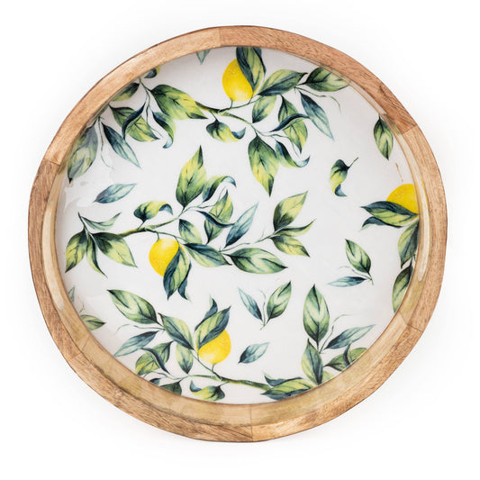 30cm Round Tray Mango Wood/Enamel Lemon