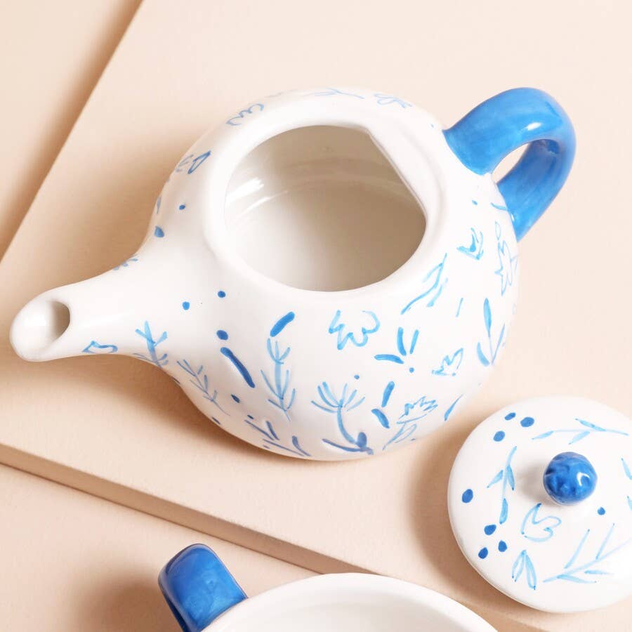 Blue Debossed Floral Teapot and Cup Set