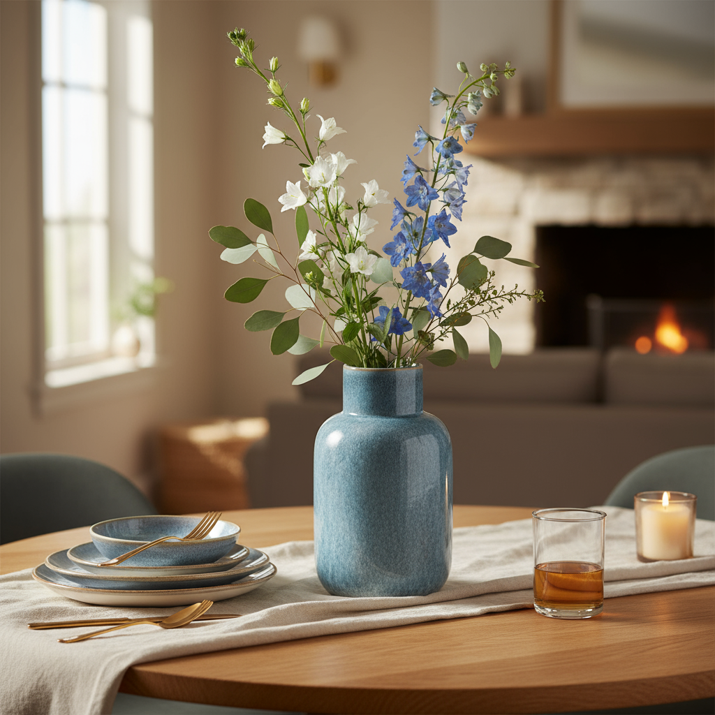 25.2CM SHORT NECK BOTTLE VASE REACTIVE GLAZE BLUE