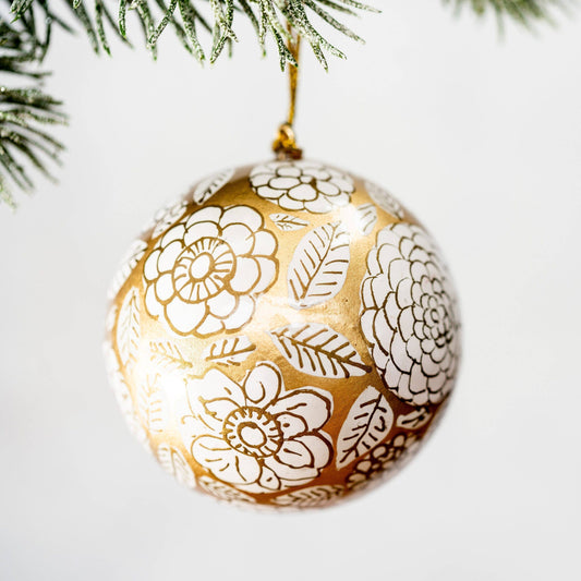 2" Gold With White Flower Paper-Mache Christmas Bauble
