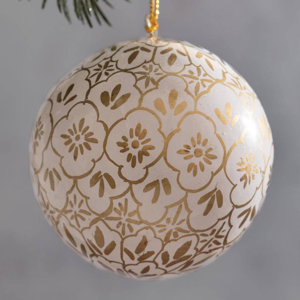 3" White & Gold Pattern Christmas Paper-Mache Bauble