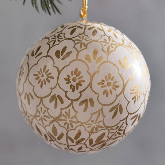 3" White & Gold Pattern Christmas Paper-Mache Bauble